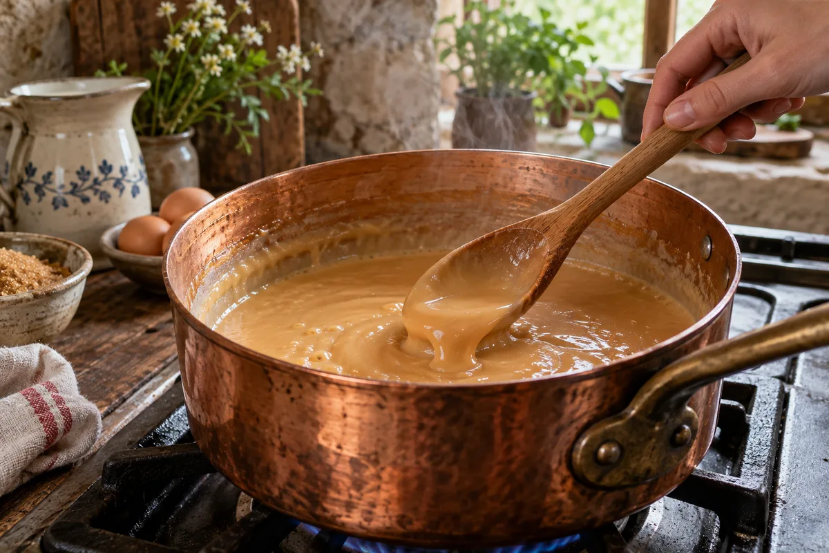 Confiture de lait couleur caramel qui réduit dans une casserole en cuivre, remuée à la cuillère en bois
