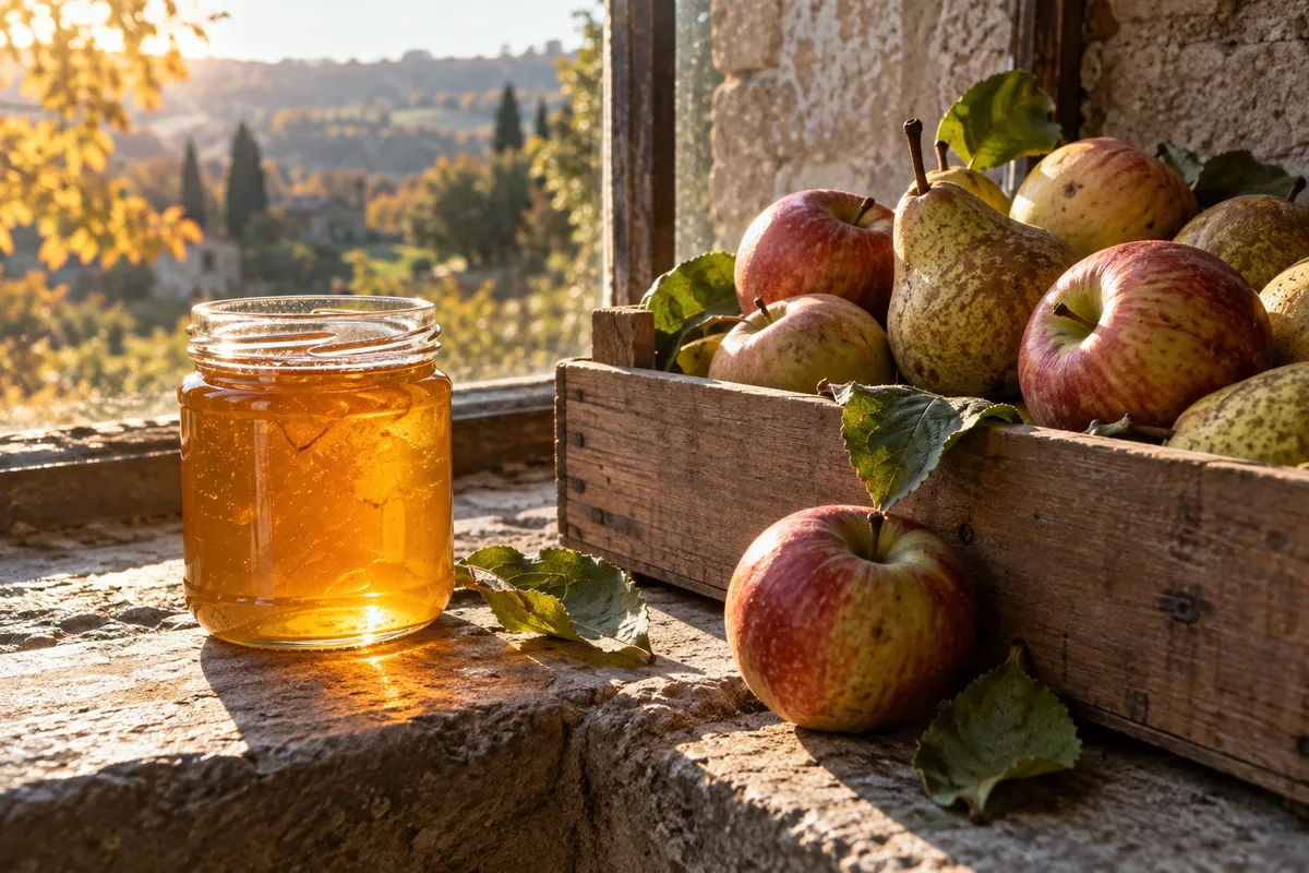 Bocal de gelée de pomme éclairé à contre-jour à côté d&rsquo;une caisse en bois de poires et de pommes de variétés anciennes