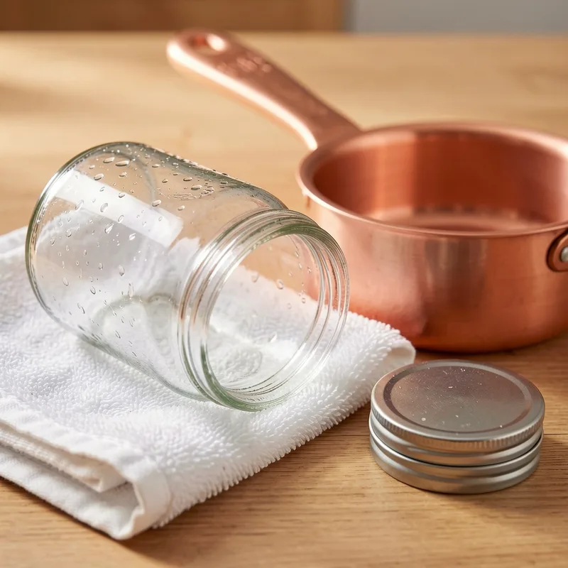 Bocaux en verre propres et retournés sur un linge de cuisine, près d une bassine à confiture