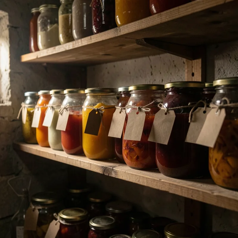 Pots de confiture étiquetés alignés sur une étagère en bois dans un cellier sombre