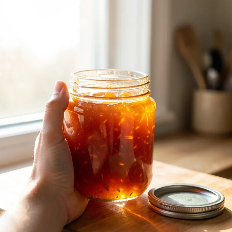 Main tenant un pot de confiture ouvert devant une fenêtre pour inspecter la surface