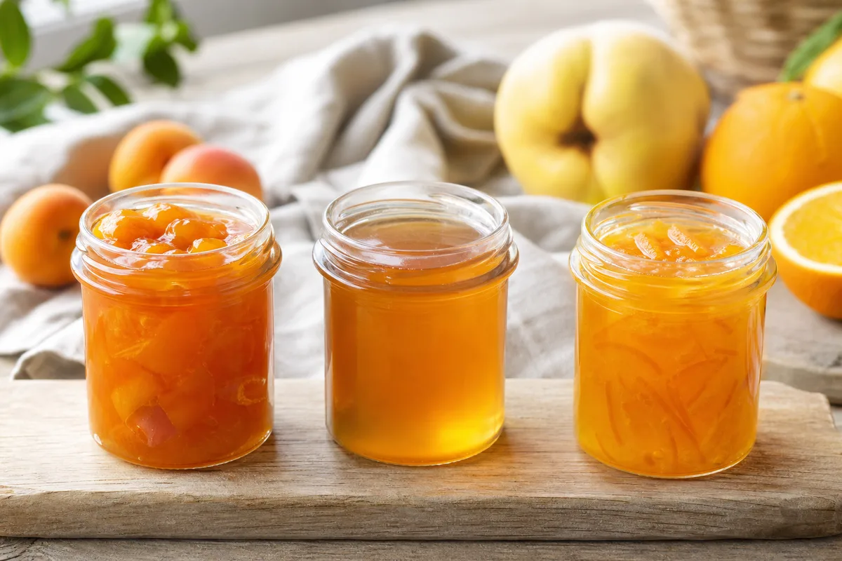 Pots de confiture, de gelée et de marmelade alignés sur une table de cuisine en bois