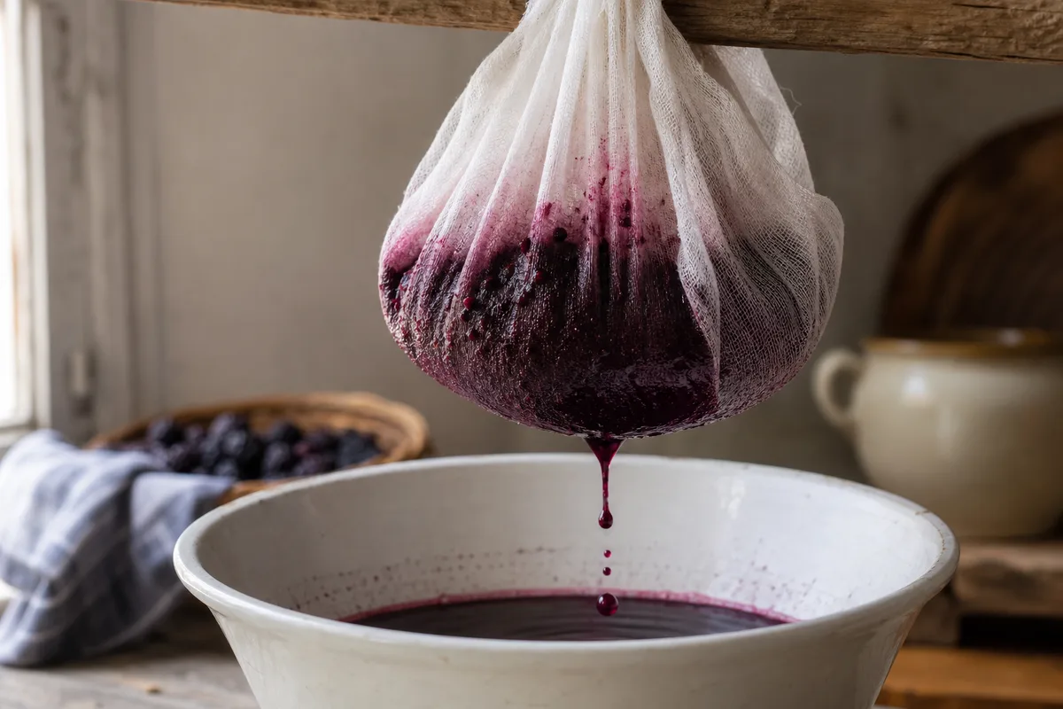 Jus de fruits rouges s égouttant lentement dans une étamine suspendue au dessus d un bol