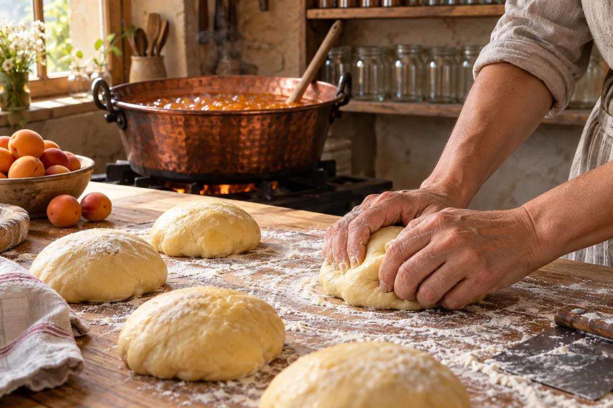 Mains façonnant des pâtons de brioche sur un plan de travail fariné, bassine de confiture en cuivre sur le feu à l&rsquo;arrière-plan
