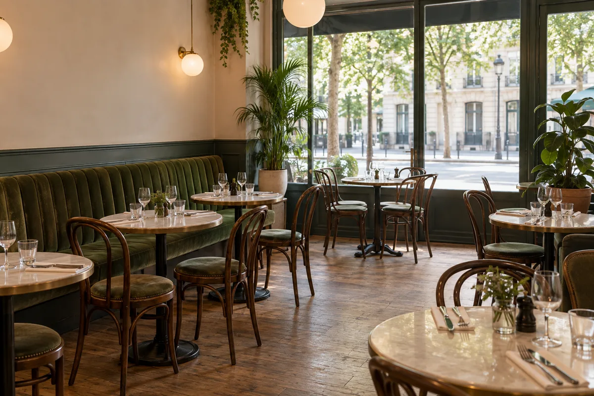 Petite salle de restaurant de quartier aux tables bistrot rapprochées près d&rsquo;une grande vitrine, en fin de matinée