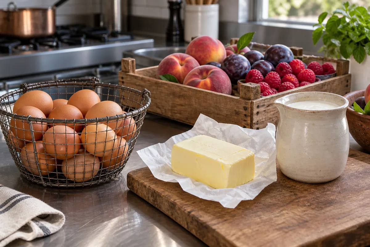 Panier d&rsquo;œufs frais, motte de beurre, pot de crème et cagette de fruits de saison sur un plan de travail de cuisine